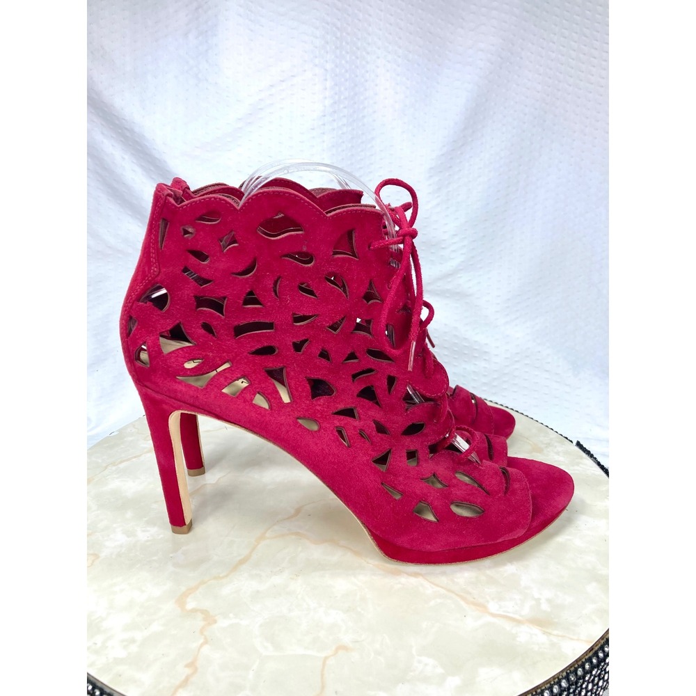 Via Spiga Gladiator Stiletto Heels Womens Size 11 Red Suede Strappy Lace Up Heel